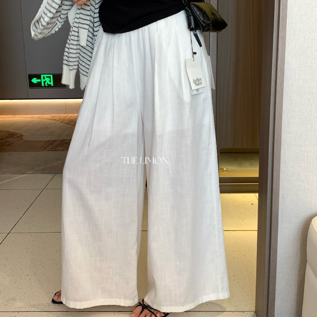 Quần ống rộng nữ vải linen phối cotton dáng suông mùa hè — Xám gạo, Xanh xám nhạt, Xanh đen, Cam bí ngô