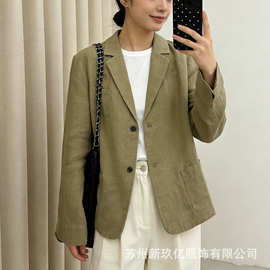 女长袖西装2026春季宽松通勤外套气质纯色时尚亚麻显瘦西转开衫
