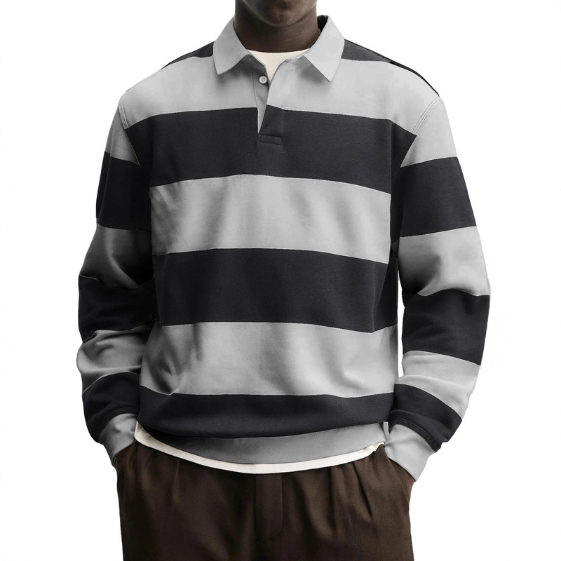 2025 Spring and Autumn New Amazon Independent Store Men's Long Sleeve Striped T-Shirt Casual Versatile Loose Fit Turn-Down Collar Top