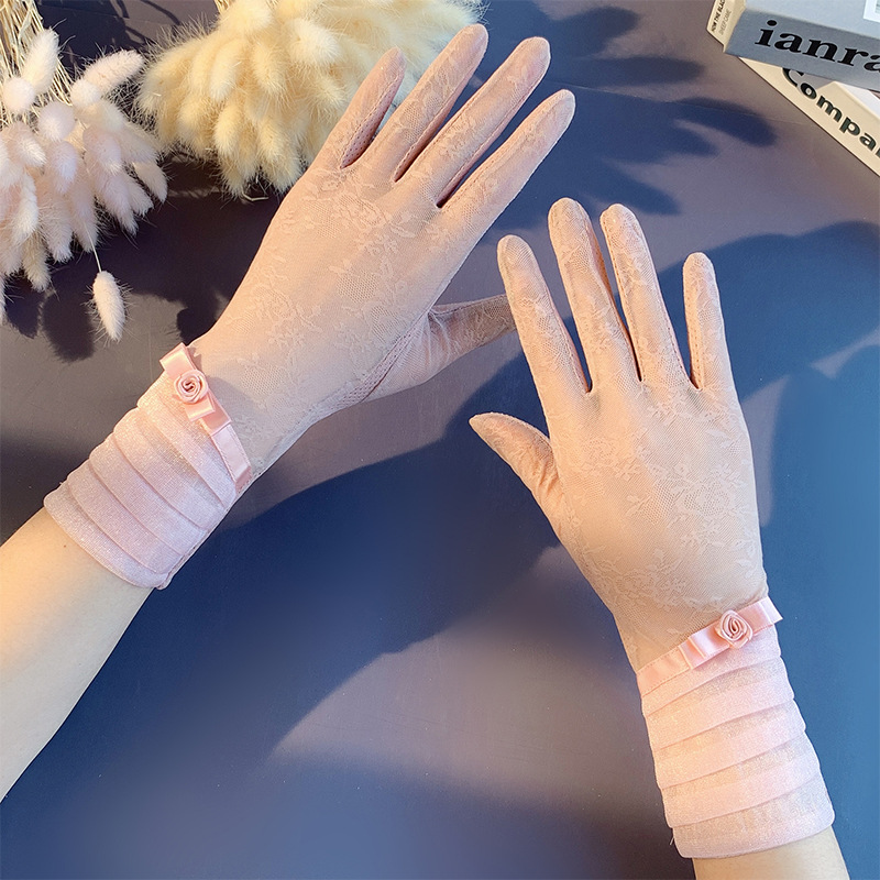 Guantes de protección solar primavera y verano encaje arco guantes de pantalla táctil de conducción de las mujeres transpirable al aire libre protección solar guantes de equitación