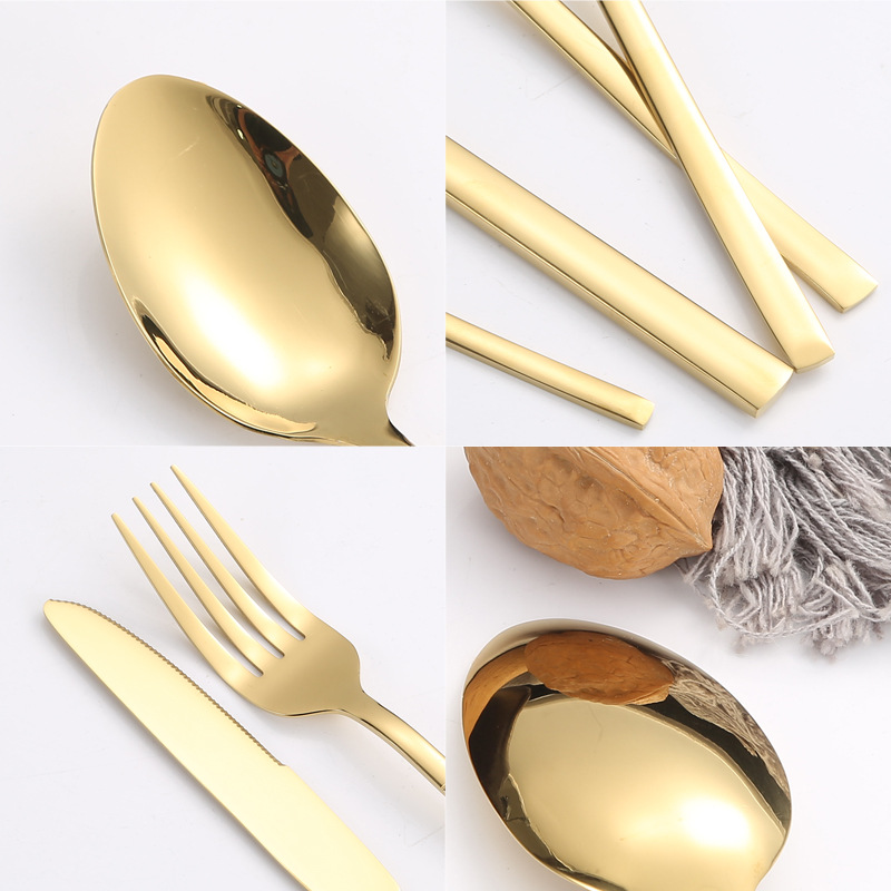 Amazon caliente-venta de productos 410 vajilla de acero inoxidable traje Caballero 4 piezas principales transfronterizo chapado en oro occidental cuchillo de comida, tenedor y cuchara