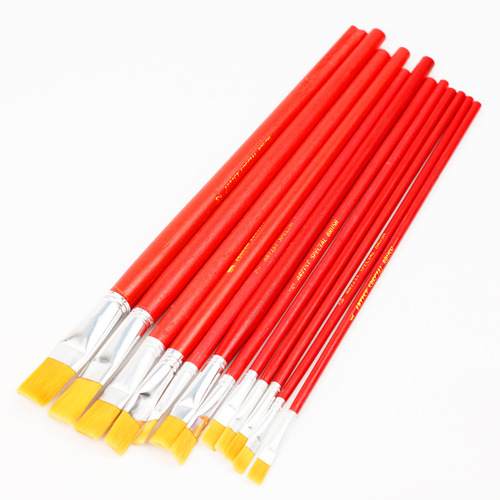 Red Handle Flat Nylon Brush Watercolor Pencil Set Children's Oil Painting Brush Watercolor Acrylic Brush Wooden Art Supplies