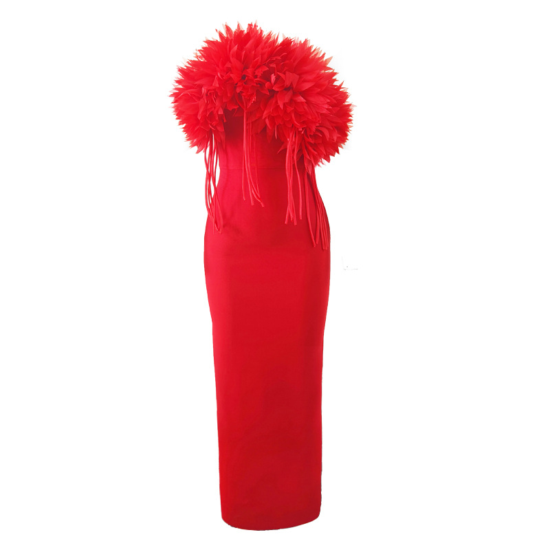 Comercio exterior transfronterizo ropa de mujer nuevo estilo estilo europeo y americano moda ropa de mujer flores grandes rojo de gama alta gran nombre vendaje vestido largo