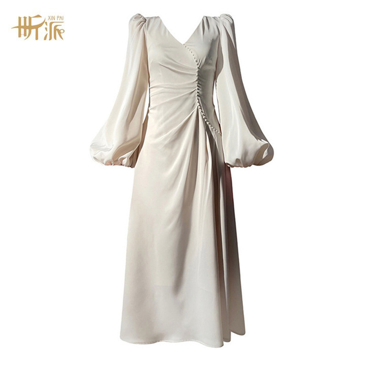 New in Stock French Retro Lantern Sleeve V Neck Sexy Beaded Waist Slimming Look Glossy Satin Dress for Women
