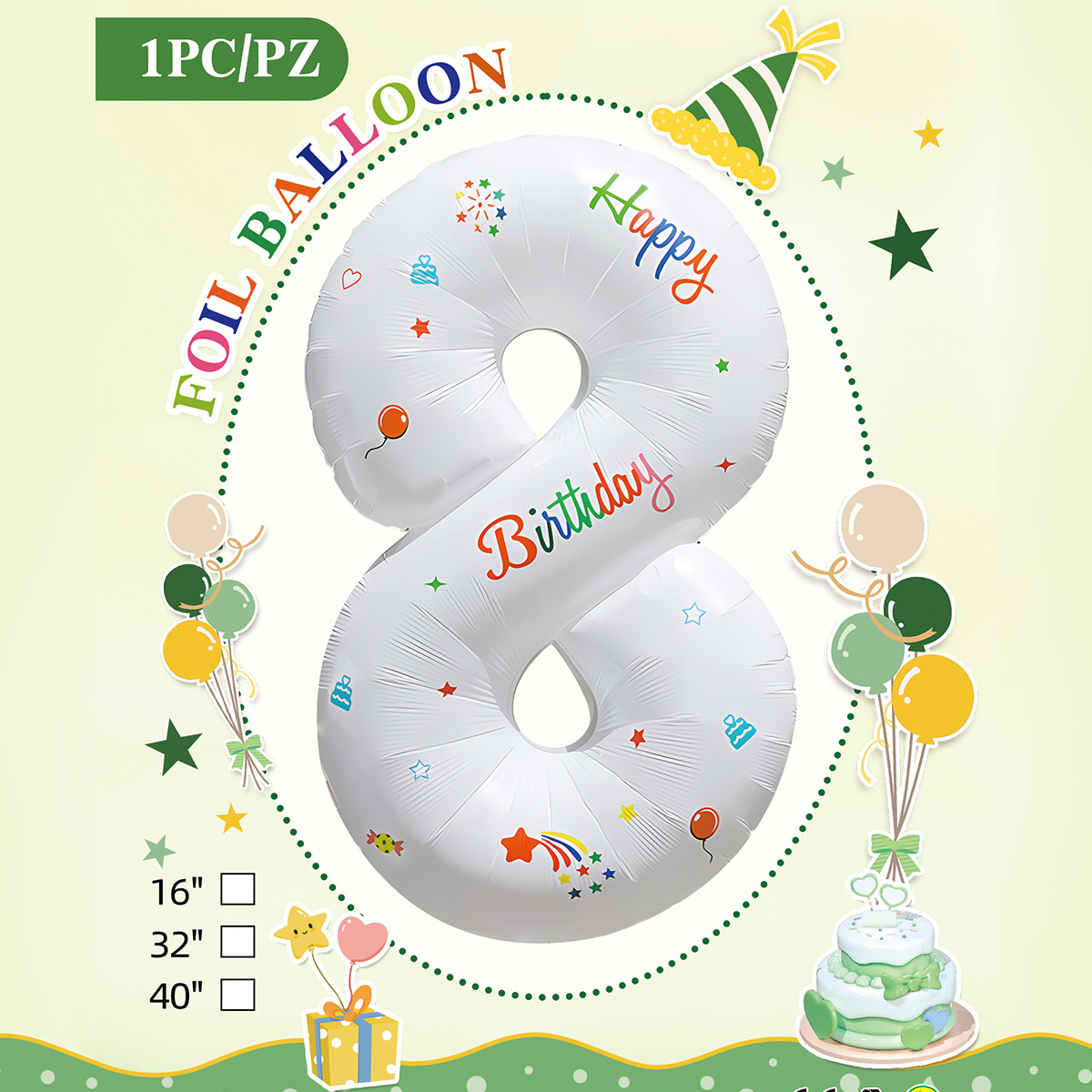 Embalaje de tarjeta de papel independiente digital de cumpleaños impreso en blanco de 32 pulgadas, decoración de fiesta de la versión estadounidense, película de aluminio, decoración de globos de papel de aluminio