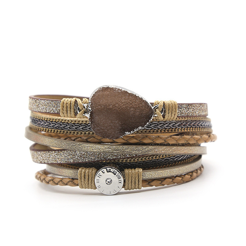 Pulsera de cuero tejido de cuero de cristal europeo y americano para mujer, pluma bohemia retro, turquesa, piedra triturada, pulsera de botón de imán