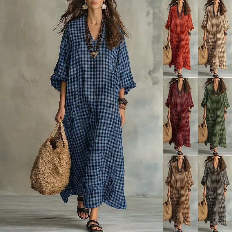 Amazon Cross-Border European and American Fashion Plaid V-Neck Dress Loose-Fitting Three-Quarter Sleeve Holiday Style Long Shirt Dress