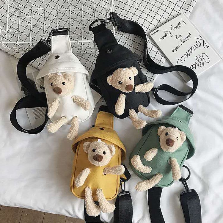 ins cute bear canvas bag female 2024 new cartoon doll chest bag girl student crossbody shoulder bag