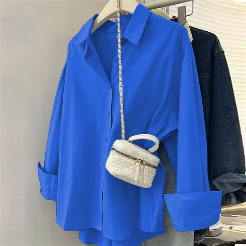 Women's Blue Shirt Elegant New Design Casual Loose Fit Long Sleeved Shirts For Layering Outerwear_ecoleips.com
