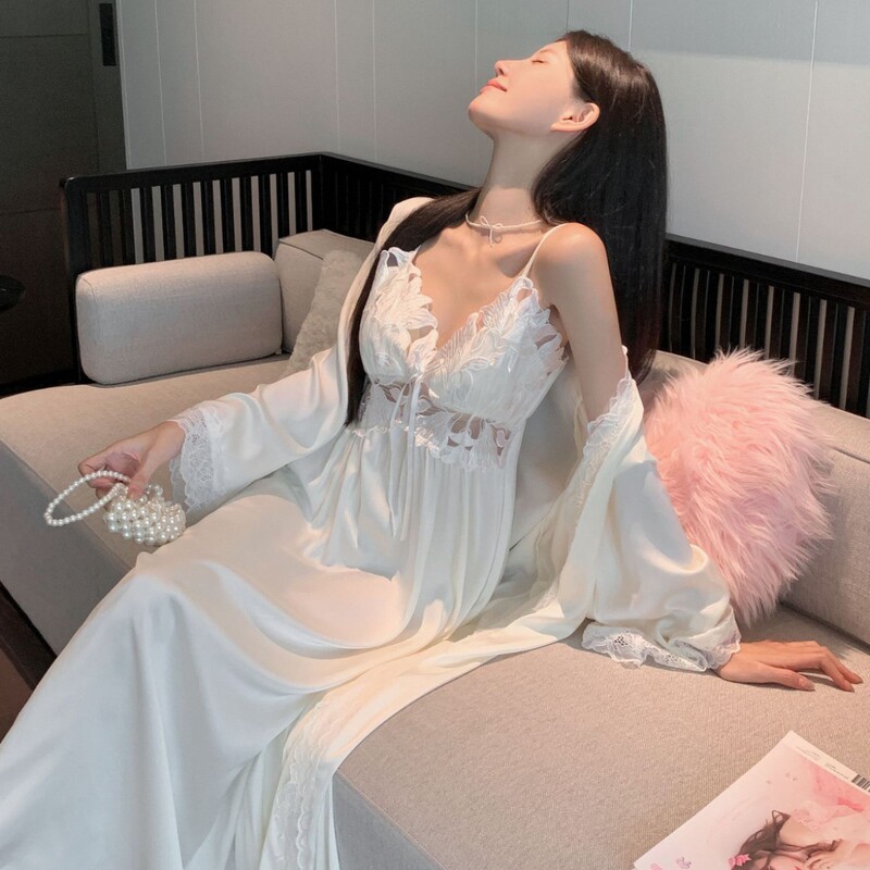 French Romantic Suspender Nightgown, Extra Long Women's Palace Style Nightgown with Breast Pads, Silk Two-Piece Set, High-End Pajamas French Romantic Suspender Nightgown, Extra Long Women's Palace Style Nightgown with Breast Pads, Silk Two-Piece Set, High-End Pajamas