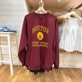 BM风新款深红色BOSTON图案印花圆领卫衣女bm宽松套头上衣