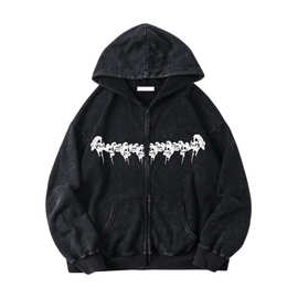 街头哥特式骷髅头印花拉链卫衣大码女装宽松男款嘻哈水洗做旧外套