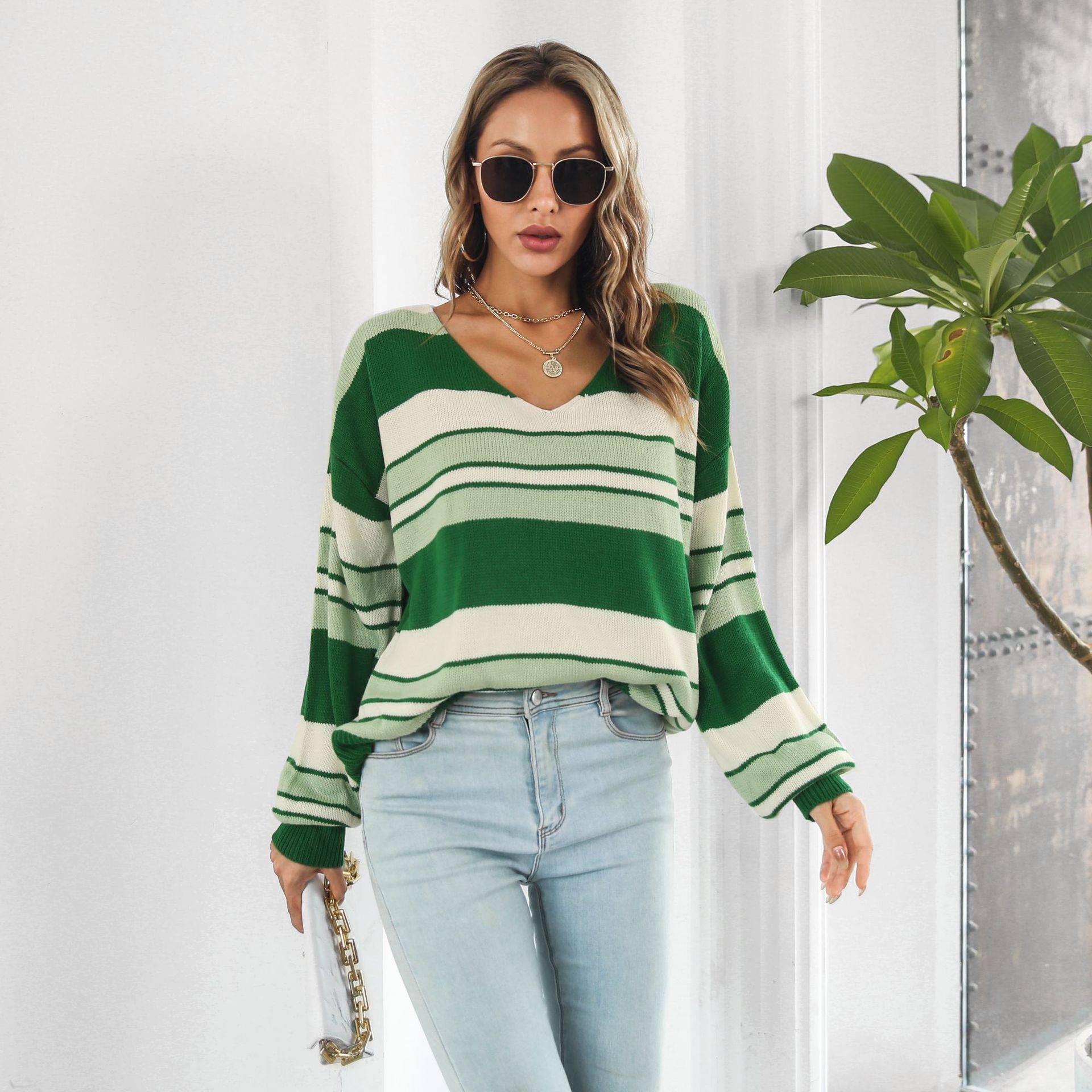 Striped Gradient Color V neck Long Sleeved Women Loose Autumn Winter Knitwear Sweater 12 Striped Gradient Color V neck Long Sleeved Women Loose Autumn Winter Knitwear Sweater