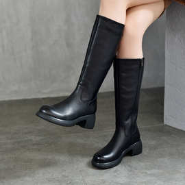 真皮全皮长筒靴侧拉链女靴子粗跟软底百搭高筒靴头层牛皮骑士靴女