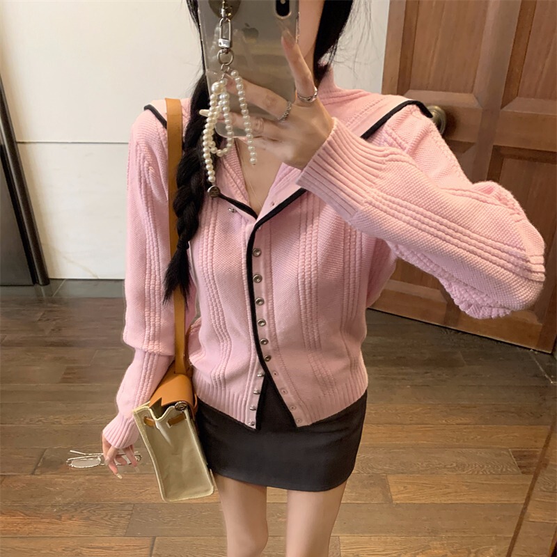 昕可达 返校韩女撞色边慵懒海军领针织毛衣开衫显瘦气质上衣|undefined