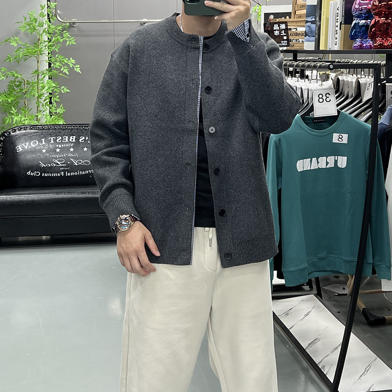 秋冬季新品复古百搭松弛感圆领开衫毛衣慵懒风假两件纽扣针织外套|undefined