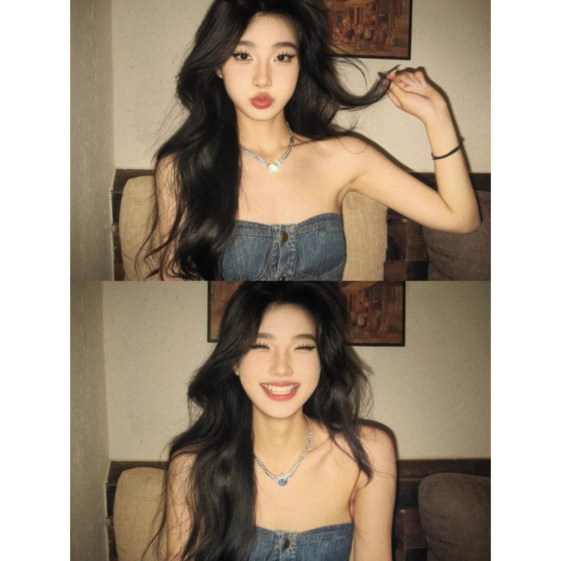 American Retro Washed Denim Tube Top for Women 2025 Millennial Sexy Slimming Look Short Top