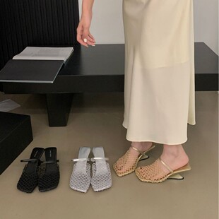 Summer New 2025 Niche Woven Fishing Net Baotou Roman Sandals Hollow Breathable High Heel Slippers Explosion Explosion