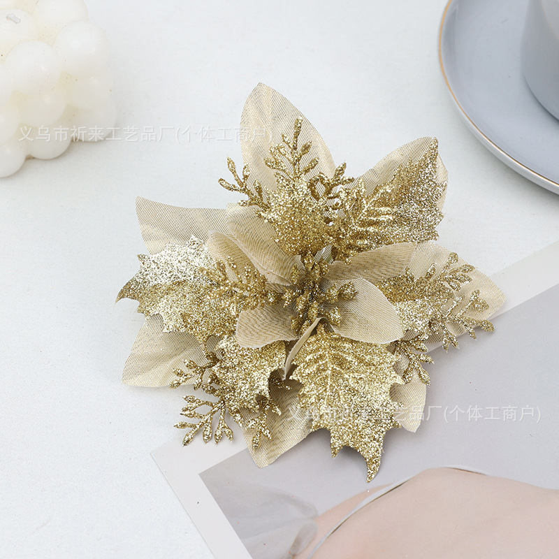 イチイの花頭 クリスマスツリー飾り シルクフラワーヘッド 越境人気商品 模造クリスマスフラワー 二重金粉|undefined