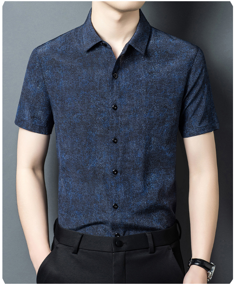 Áo sơ mi nam tay ngắn lụa tơ tằm mùa hè phong cách vintage — Xanh da trời8883 chi tiết 10