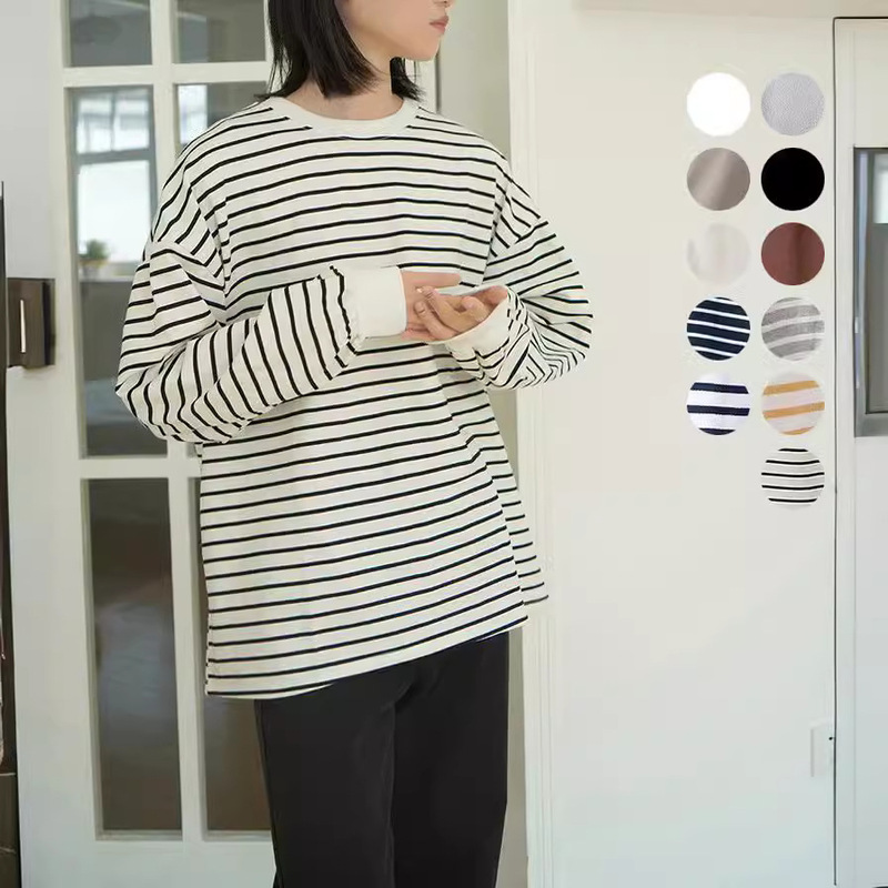 Real Shot of New Japanese and Korean Styles: Spring and Autumn Solid Color Striped Sweatshirt for Women, Loose Cotton Oversized Base Shirt for Women, Export