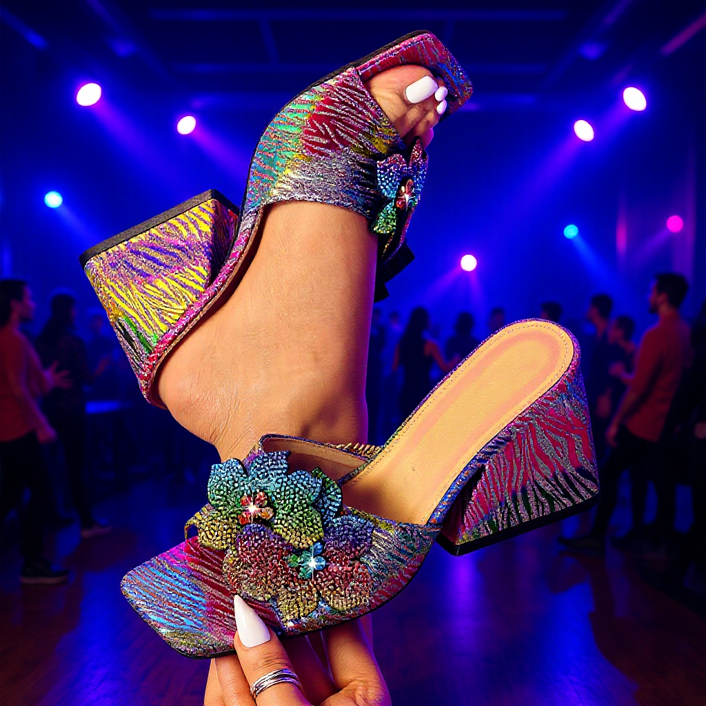 水钻花朵女士高跟拖鞋方头露趾粗跟时尚派对配裙子女式高跟凉鞋女