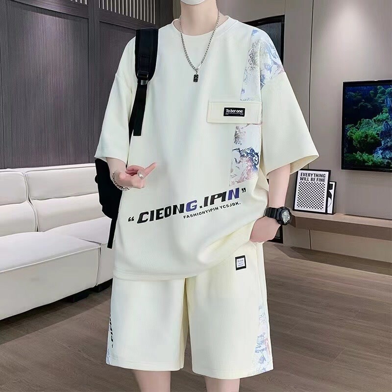 Summer Ice Silk suit Boys Teenagers Students National Fashion Short-sleeved Shorts Loose with a Clothes Fashion