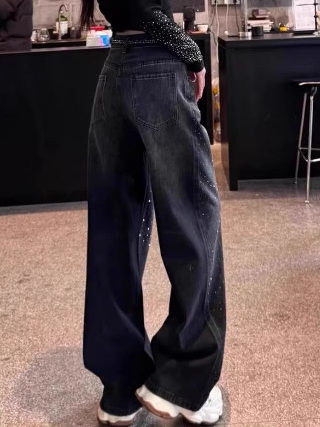 ​​Glam Distressed Wide-Leg Jeans For Women – Dark Gray Star & Diamond Embellished Denim Pants (S-2XL)​​_mkmklike.com