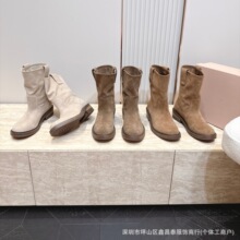 外贸2026秋冬谬家真皮圆头复古一脚蹬中筒靴百搭时尚粗跟马丁靴女