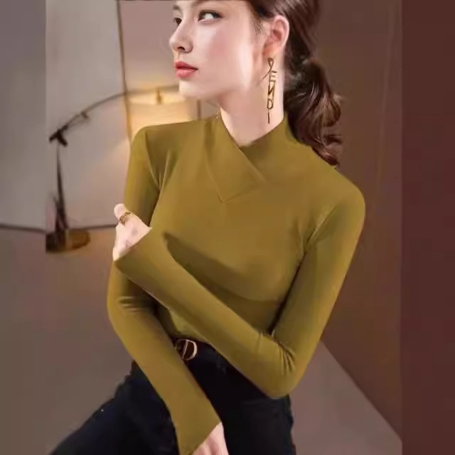 스레드 벨벳 1*1 양면 벨벳 하프 터틀넥 따뜻한 기본 셔츠 탑 가을, 겨울 슬림 긴팔 티셔츠 여성용 225