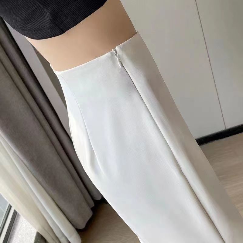 女性用サイドジッパーマイクロフレアスーツパンツ、夏用薄手白ハイウエストワイドレッグパンツ、ドレープお腹引き締めヒップアップ、ナローストレートパンツ|undefined