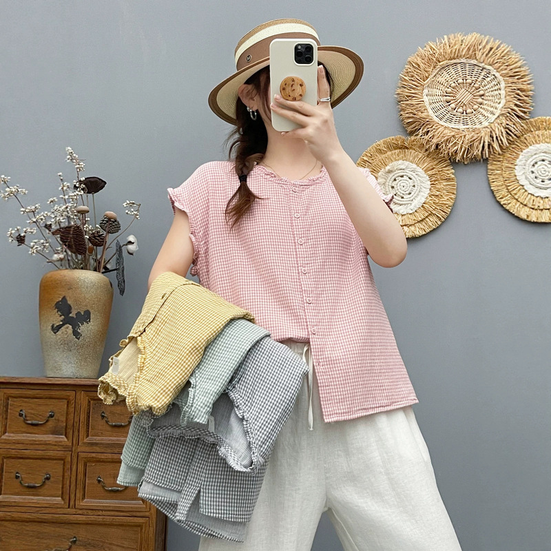 66306 Elegant Lace Collar Small Plaid Sleeveless Double-Layer Cotton Gauze Shirt Women's 2026 Summer New Casual Top
