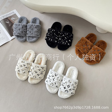驴家羊羔毛家居一字毛毛拖鞋女秋冬季2025新款韩版ins室内棉拖鞋