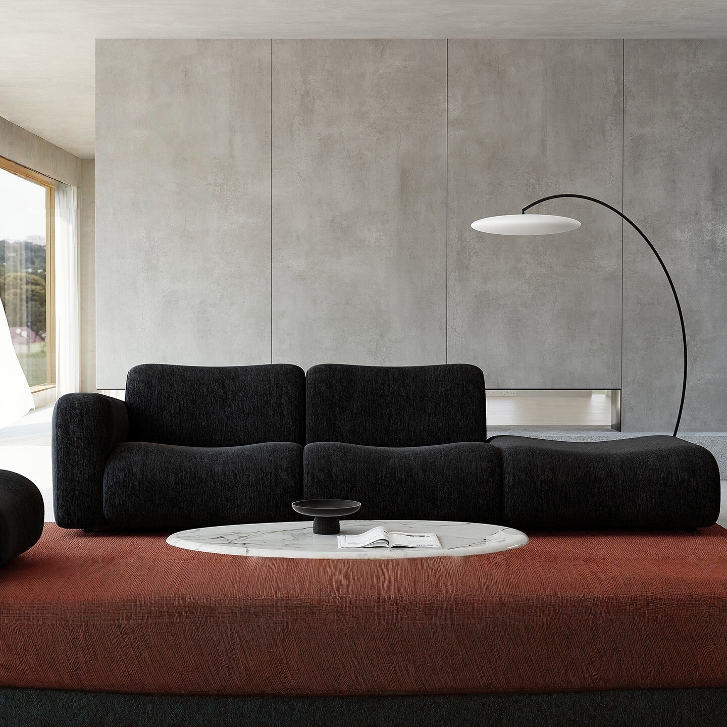 Sofá de tela modular minimalista italiano, viento silencioso, arena de sala de estar de forma especial, Chenille negro, inventario
