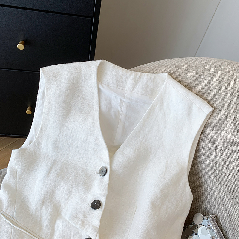 Chaleco de traje de lino con cuello en V blanco Chaleco de verano para mujer Chaleco sin mangas Chaleco superior 2024 Todo fósforo diseño delgado casual