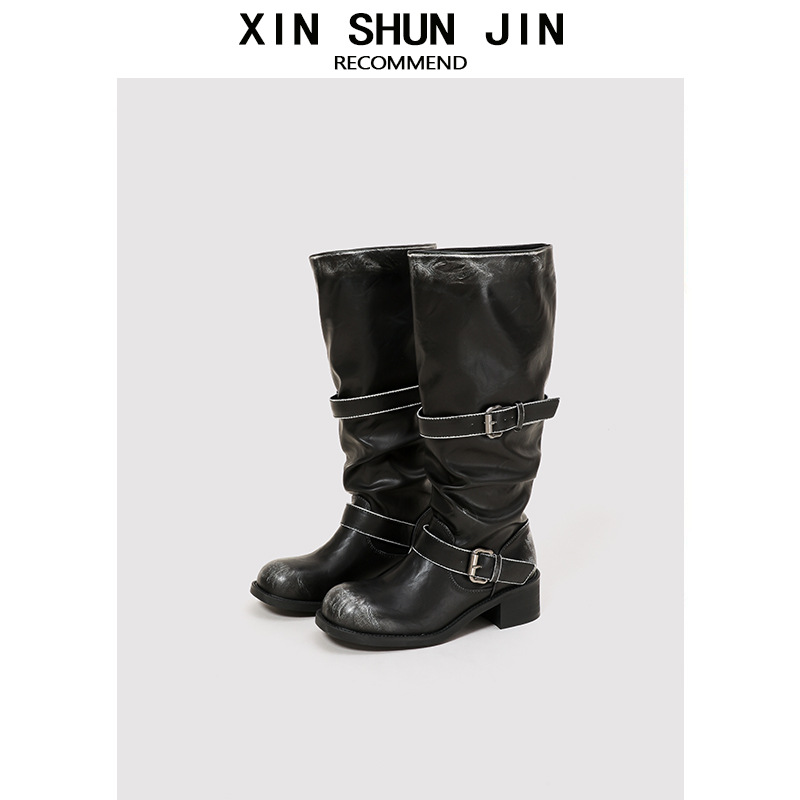 張元英と同じスタイルのベルトバックルパイルブーツ、太いヒール、レトロなダメージ加工のミッドカーフブーツ、韓国風ブーツ、女性用ニッチワークブーツ