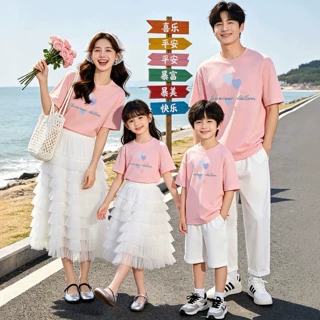 韩版亲子装夏季新款纯棉T恤一家三口全家休闲度假拍照母女装短袖