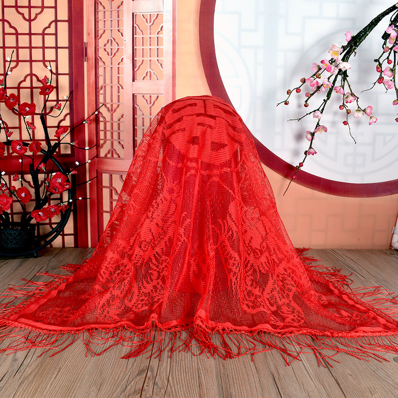 Wedding Red Hijab Chinese-Style Bridal Red Jacquard Hijab with Tassel Tassels for a Festive Wedding