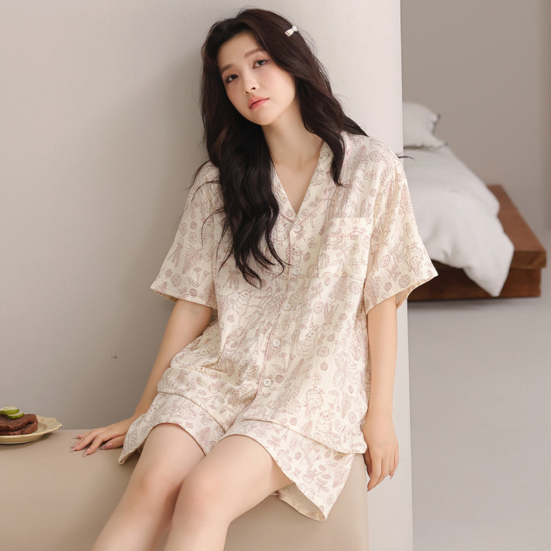 Summer Lapel Pajamas Women's Short-sleeved Shorts Cloud Cotton suit Outwear Simple Casual Loose Home Clothes