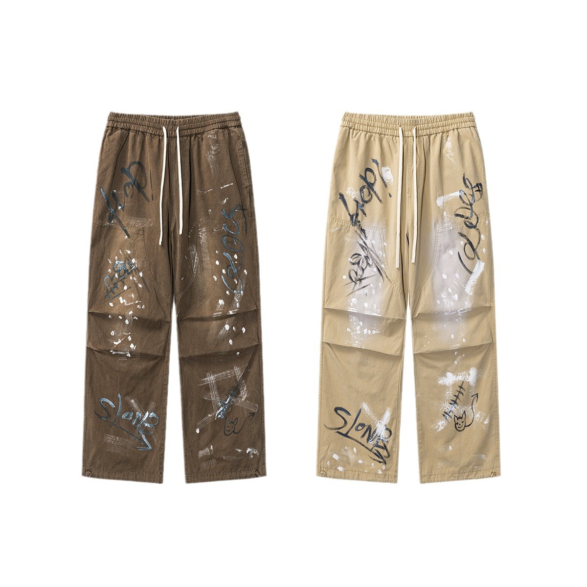 Impresora de marcas| 2025 primavera y otoño tejido juvenil suelto retro lavado con tinta graffiti pantalones de trabajo para hombres