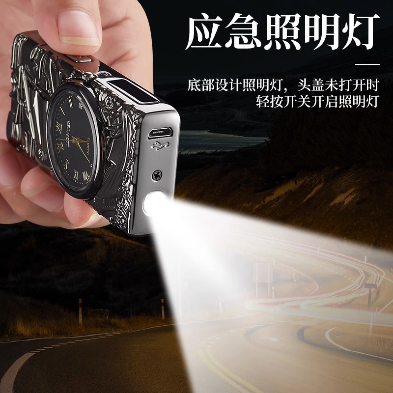Reloj de alta gama de celebridades de Internet, cargador de sonido, encendedor, a prueba de viento integrado con luz, letras creativas dos en uno para hombres Shenlong