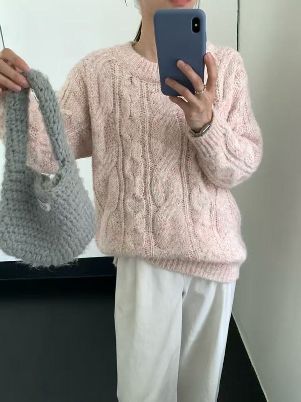 秋冬基础款麻花套头毛衣女宽松纯色软糯圆领长袖针织百搭内搭女装|undefined