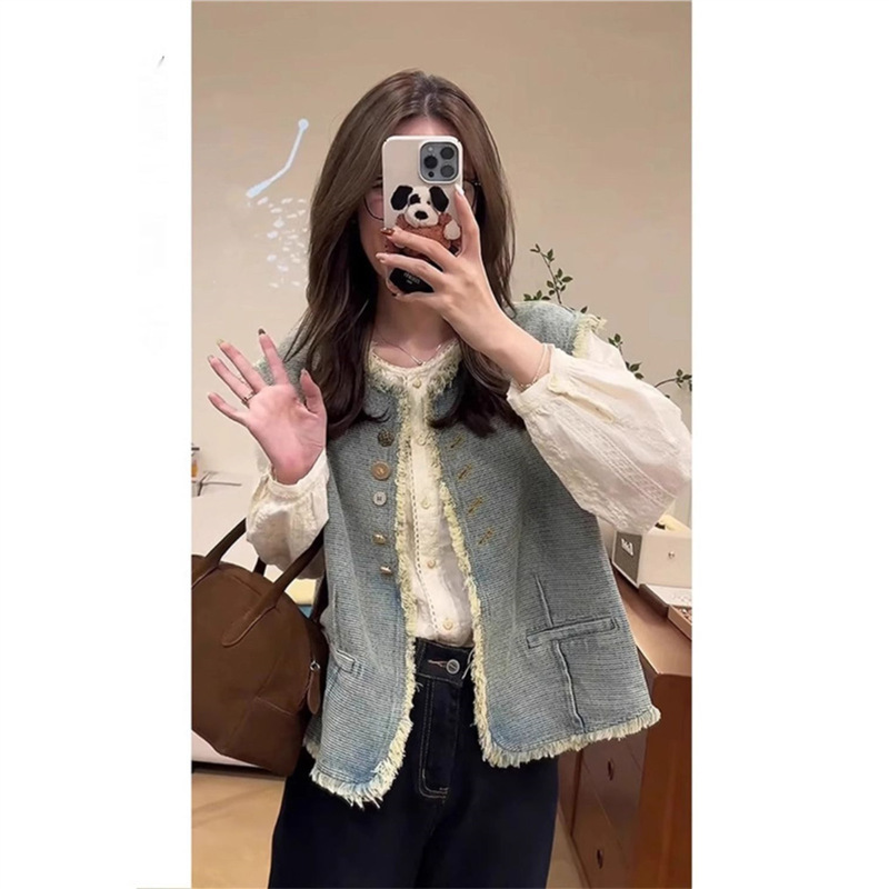 秋季搭配一整套高级感超好看小香风牛仔马甲衬衫盐系穿搭三件套装|undefined