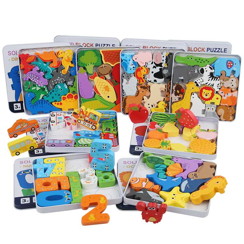 Jardín de infantes transfronterizo puzzle juguetes de educación temprana puzzle niños animales digitales caja de hierro puzzle tridimensional mano agarrar bloques de construcción