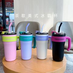 Large capacity handle cup office new stainless steel ice cup high appearance value simple cold cup with straw
