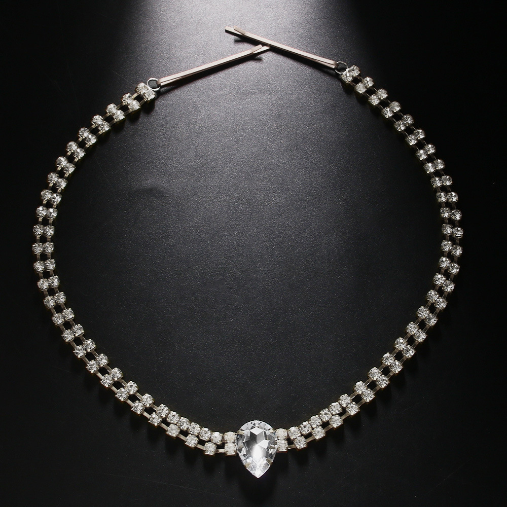 Bandeau de mariée en strass fait à la main avec chaîne frontale en forme de goutte d'eau à double couche, vente chaude_voghion.com
