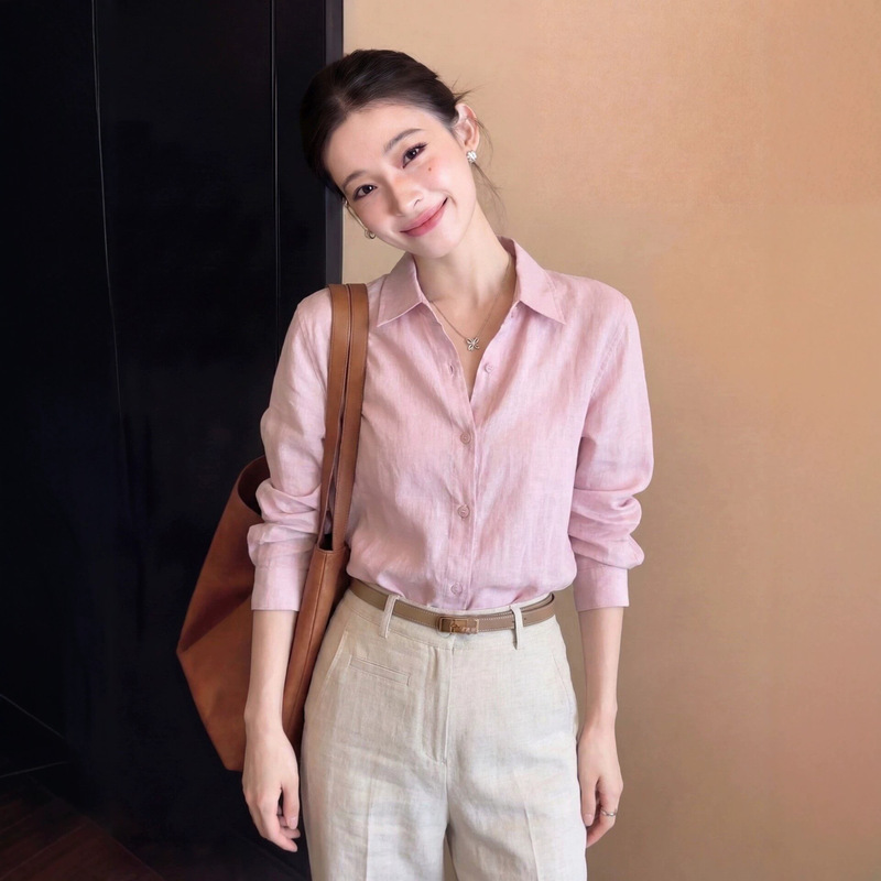 Light and Elegant Outfit for Women: Pink Linen Shirt, Thin Summer Style, Unique and Super Pretty, French-Style Chic Top Light and Elegant Outfit for Women: Pink Linen Shirt, Thin Summer Style, Unique and Super Pretty, French-Style Chic Top