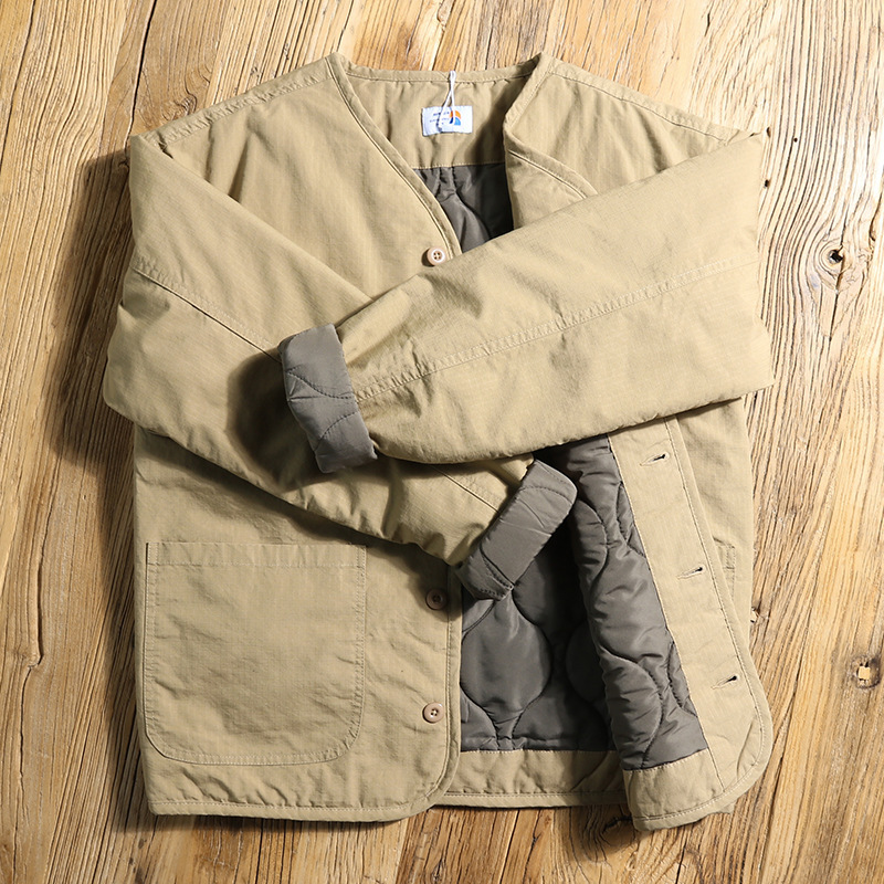 冬季日系复古宽松无领棉服外套男 工装保暖棉衣情侣潮V领开衫夹克|undefined