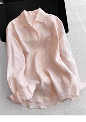 素晴らしい商品が爆発的に売れています！ピンクのリネンラペル長袖シャツ女性の夏軽量通気性ルーズ日焼け止めトップ