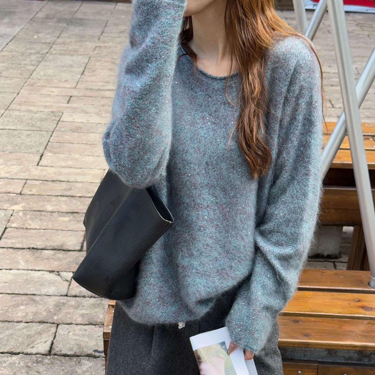 Rolled-Edge Round-Neck Loose Silk-Cashmere-Wool Brushed Wool Sweater for Women, Autumn-Winter Korean Style Versatile Knit Sweater